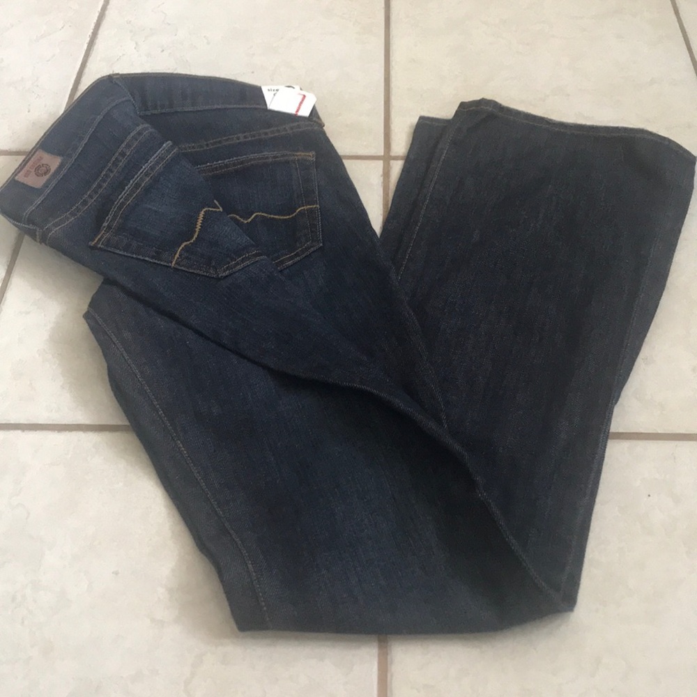 Red engine flare leg jeans dark wash